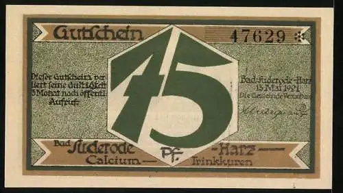 Notgeld Bad Suderode / Harz, 1921, 75 Pfennig, Landschaftsbild und Trinkkuren-Werbung