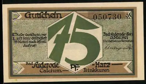 Notgeld Bad Suderode 1921, 75 Pfennig, Gutschein mit Landschaftsmotiv