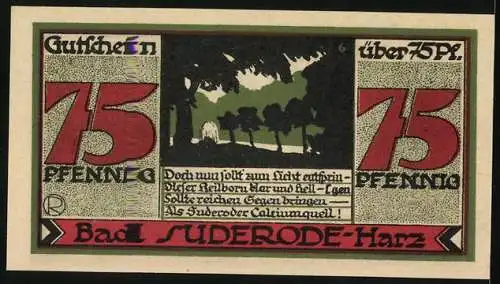 Notgeld Bad Suderode 1921, 75 Pfennig, Gutschein mit Landschaftsmotiv