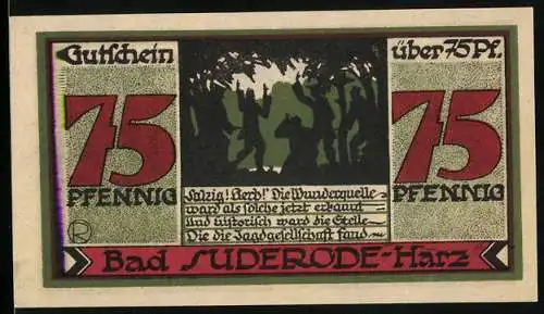 Notgeld Bad Suderode / Harz 1921, 75 Pfennig, Bäume und Personen, Rückseite grün 75 in Sechseck