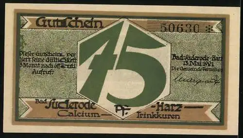 Notgeld Bad Suderode / Harz 1921, 75 Pfennig, Bäume und Personen, Rückseite grün 75 in Sechseck