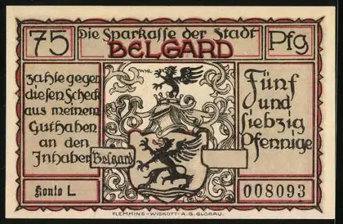 Notgeld Belgard, 1921, 75 Pfennig, Kavalleriemänner und Wappen mit zwei Löwen