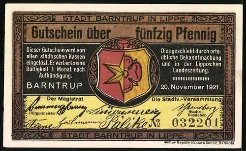 Notgeld Barntrup in Lippe 1921, 50 Pfennig, bäuerliche Szene und Wappen