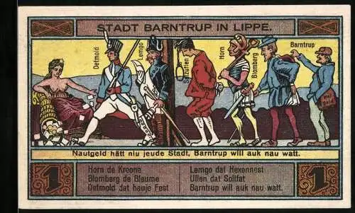 Notgeld Barntrup 1921, 1 Mark, Stadt Barntrup in Lippe, farbenfrohe Darstellung mit Stadtwappen, gültig 1 Monat