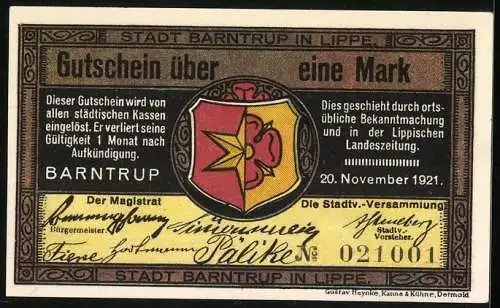 Notgeld Barntrup, 1921, 1 Mark, Stadtansicht und Stadtwappen mit Gültigkeitshinweis