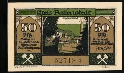 Notgeld Ballenstedt 1921, 50 Pfennig, Idyllische Landschaft und Arbeiter im Feld