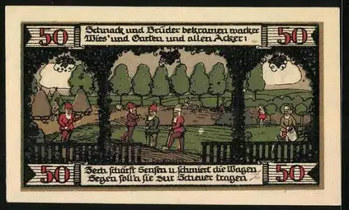 Notgeld Ballenstedt 1921, 50 Pfennig, Idyllische Landschaft und Arbeiter im Feld