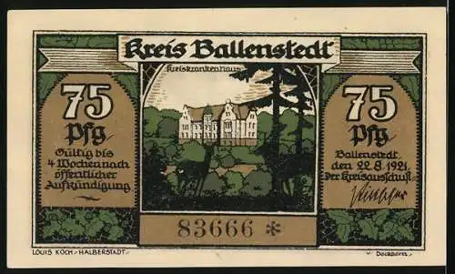 Notgeld Ballenstedt 1921, 75 Pfennig, Märchenhafte Waldszene mit Waldarbeitern und Kreiskrankenhaus