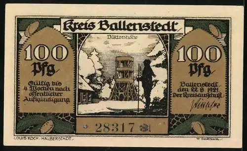 Notgeld Ballenstedt 1921, 100 Pfennig, Zwergenkönig Wuck im Wald und Viktorshöhe mit Turm