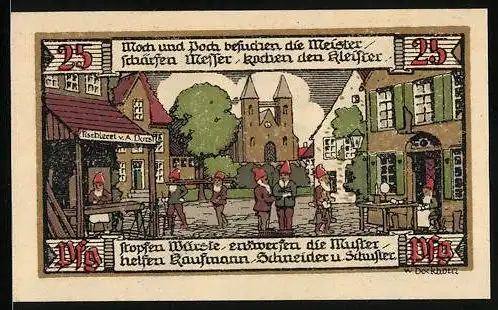 Notgeld Ballenstedt, 1921, 25 Pf, historische Stadtansicht und Handwerker bei der Arbeit