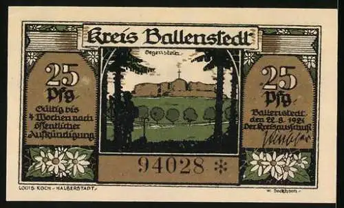 Notgeld Ballenstedt, 1921, 25 Pf, historische Stadtansicht und Handwerker bei der Arbeit