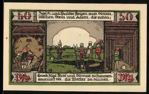 Notgeld Ballenstedt 1921, 50 Pf, Bergbauarbeit und Landschaftsansicht mit Berg Meiseberg