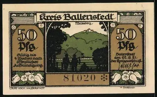 Notgeld Ballenstedt 1921, 50 Pf, Bergbauarbeit und Landschaftsansicht mit Berg Meiseberg