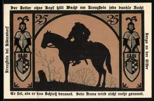 Notgeld Berga an der Elster, 1921, 25 Pfennig, Reiter ohne Kopf und Stadtansicht mit Wappen