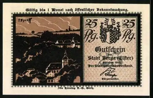 Notgeld Berga an der Elster, 1921, 25 Pfennig, Reiter ohne Kopf und Stadtansicht mit Wappen