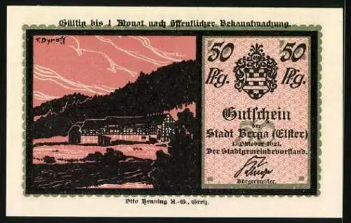 Notgeld Berga an der Elster, 1921, 50 Pfennig, Silhouetten und Landschaftsdarstellungen