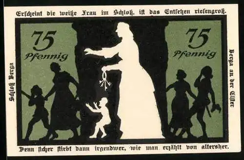 Notgeld Berga, 1921, 75 Pfennig, Silhouetten-Frau und Kinder vor Schloss mit Wappen und Landschaft