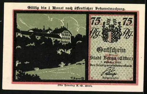 Notgeld Berga, 1921, 75 Pfennig, Silhouetten-Frau und Kinder vor Schloss mit Wappen und Landschaft