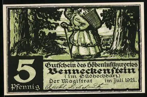 Notgeld Benneckenstein 1921, 5 Pfennig, Frau mit Wanderstab und Korb, Text über Wald und Hütten