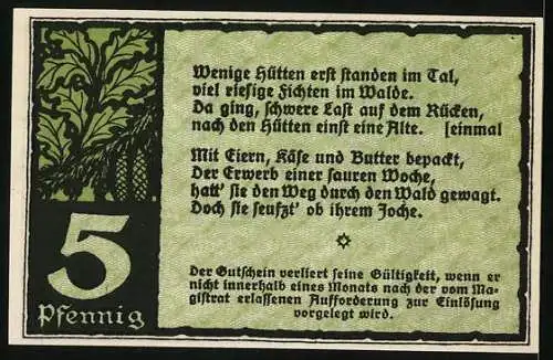 Notgeld Benneckenstein 1921, 5 Pfennig, Frau mit Wanderstab und Korb, Text über Wald und Hütten