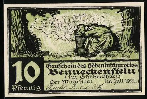 Notgeld Benneckenstein 1921, 10 Pfennig, Frau mit Korb in Landschaft, Rückseite mit Text und Eichenblättern