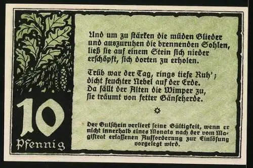 Notgeld Benneckenstein 1921, 10 Pfennig, Frau mit Korb in Landschaft, Rückseite mit Text und Eichenblättern