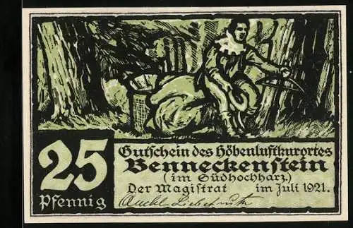 Notgeld Benneckenstein, 1921, 25 Pfennig, Jäger im Wald Illustration und Gedicht