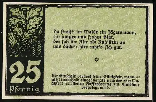 Notgeld Benneckenstein, 1921, 25 Pfennig, Jäger im Wald Illustration und Gedicht