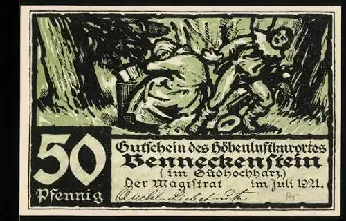 Notgeld Benneckenstein, 1921, 50 Pfennig, Jäger trifft alte Frau, Vers auf Rückseite