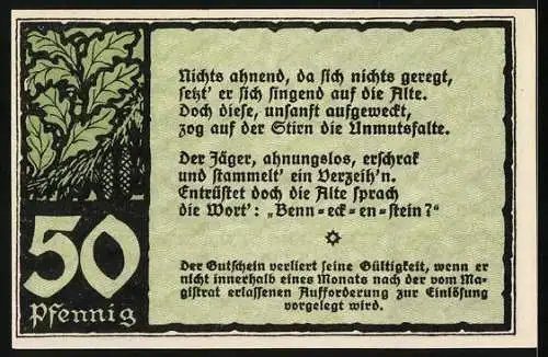 Notgeld Benneckenstein, 1921, 50 Pfennig, Jäger trifft alte Frau, Vers auf Rückseite