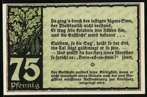 Notgeld Benneckenstein 1921, 75 Pfennig, Gutschein des Höhenluftkurortes im Südharz mit Ortsansicht