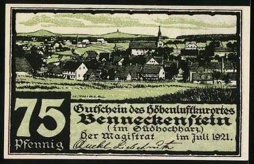 Notgeld Benneckenstein 1921, 75 Pfennig, Gutschein des Höhenluftkurortes im Südharz mit Ortsansicht