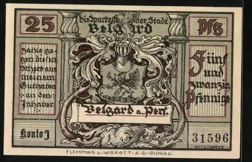 Notgeld Belgard, 25 Pfennig, Friedrich der Grosse zu Pferd und Stadtwappen mit Greif