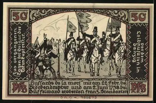 Notgeld Belgard a. Persante, 50 Pfennig, Wappen und historische Szene mit Reitern, Serie G, 1922