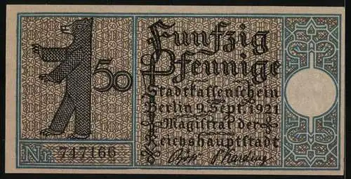 Notgeld Berlin-Spandau 1921, 50 Pfennig, Historische Stadtansicht und Berliner Bär