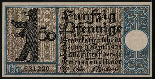 Notgeld Berlin 1921, 50 Pfennig, Bezirkskarte Weissensee um 1800, Berliner Bär und Text