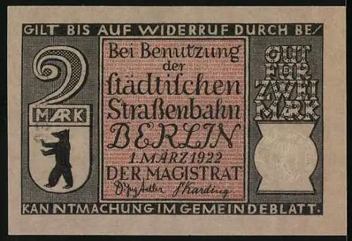 Notgeld Berlin, 1922, 2 Mark, Berliner Strassenlokomotive um 1877, städtische Strassenbahn Berlin