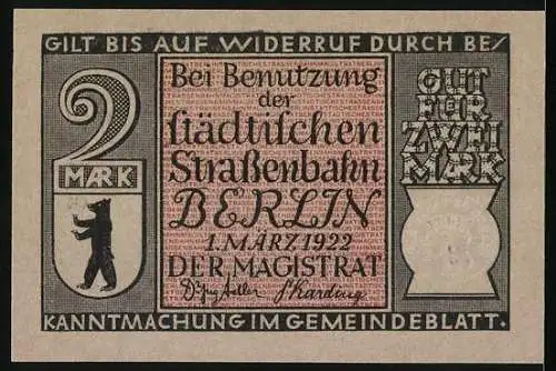 Notgeld Berlin, 1922, 2 Mark, Berliner Personenpost im Jahre 1861 und städtische Strassenbahn