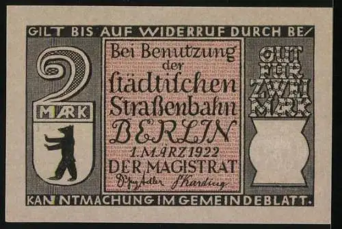 Notgeld Berlin 1922, 2 Mark, Potsdamer Bahnhof und städtische Strassenbahn