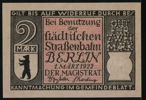 Notgeld Berlin, 1922, 2 Mark, Berliner Mietdroschke um 1830, gültig für städtische Strassenbahn