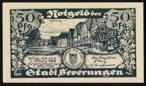 Notgeld Beverungen, 1921, 50 Pfennig, Kartenspieler und Gebäude mit Stadtwappen