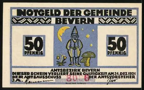 Notgeld Bevern, 1921, 50 Pfennig, Landschaft mit Blumen und Gestalt mit Schnecke /Mann mit Pilz und Mond