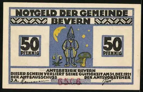 Notgeld Bevern, 1921, 50 Pfennig, Waldszene mit Mond und Sternen, Rückseite mit Männchen und Pilz
