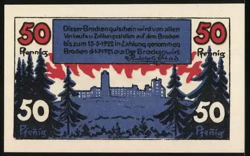 Notgeld Brocken 1922, 50 Pfennig, Teufelsdarstellung mit nackter Menschenmenge und Brockenlandschaft mit Bäumen und Burg