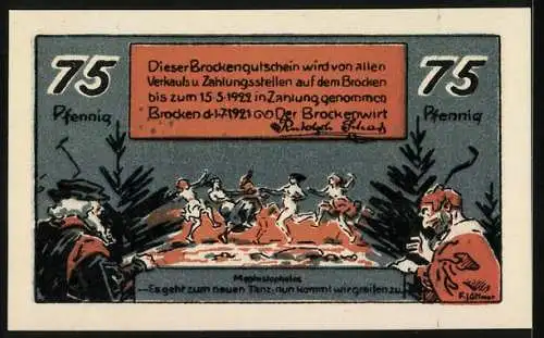 Notgeld Brocken, 1922, 75 Pfennig, Tanzende Figuren mit Apfelbaum und Hexentanz-Szene