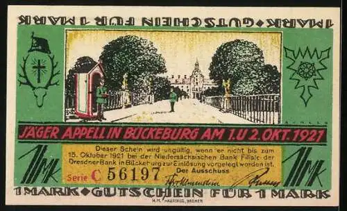 Notgeld Bückeburg, 1921, 1 Mark, Schloss Ahrensburg und Jäger Appell in Bückeburg