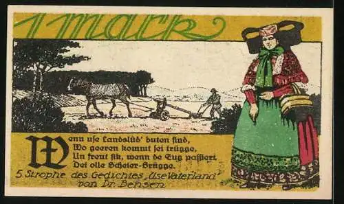 Notgeld Bückeburg 1921, 1 Mark, Jäger Appell und landwirtschaftliche Szene, Rückseite Gedicht von Dr. Bensen