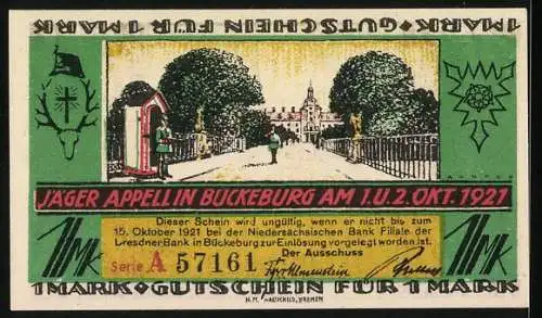 Notgeld Bückeburg, 1921, 1 Mark, Rathaus und Jäger Appell am 1. /2. Okt. 1921
