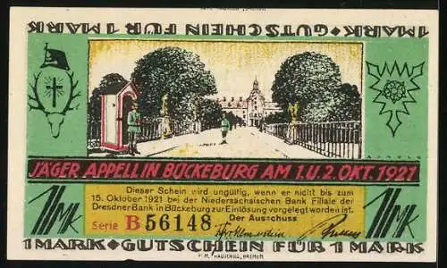 Notgeld Bückeburg 1921, 1 Mark, Darstellung der Stadt und Jäger Appell Veranstaltung am 1. und 2. Oktober 1921