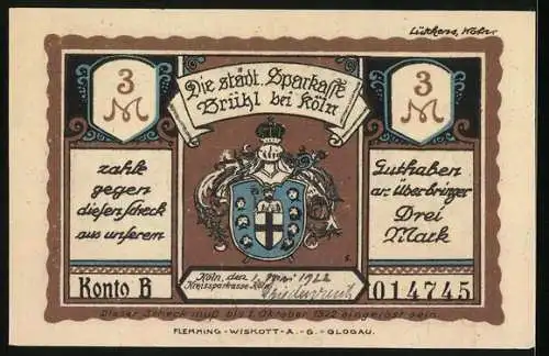 Notgeld Brühl bei Köln 1921, 3 Mark, Schloss Augustusburg und Wappen der Stadt